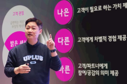 홍범식 LG유플러스 사장이 서울 용산사옥에서 열린 타운홀미팅에서 취임 100일을 맞은 소회를 구성원들에게 전달하고 있는 모습. [사진=LGU+]