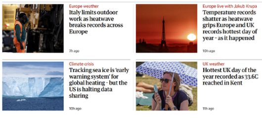 영국매체 가디언지 홈페이지에 폭염관련 뉴스로 도배돼 있다. [사진=가디언]