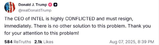 도널드 트럼프 대통령이 7일(현지시간) 트루스소셜에 남긴 립부 탄 인텔 CEO 관련 게시물. [사진=트럼프 대통령의 트루스소셜 계정]