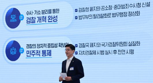 국정기획위원회 이해식 정치행정분과위원장이 13일 청와대 영빈관에서 열린 국민보고대회에서 발표하고 있다. 2025.8.13 [사진=연합뉴스]