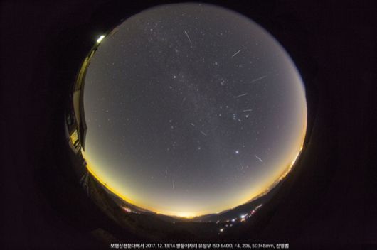 2017년 12월 13~14일에 찍은 쌍둥이자리 유성우. [사진= 전영범 한국천문연구원 책임연구원]