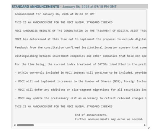 MSCI는 DAT 기업들의 지수 편입은 유지하겠다고 발표했다. [사진=MSCI 발표문]