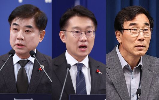 왼쪽부터 김병욱 청와대 정무비서관·김남준 대변인·전성환 경청통합수석비서관 [사진=연합뉴스]