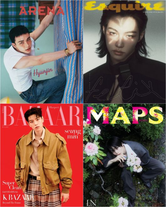 스트레이 키즈 현진, 필릭스, 승민, 아이엔 [사진=Arena Homme+ Korea, 에스콰이어 코리아, Harper’s BAZAAR Korea, MAPS]