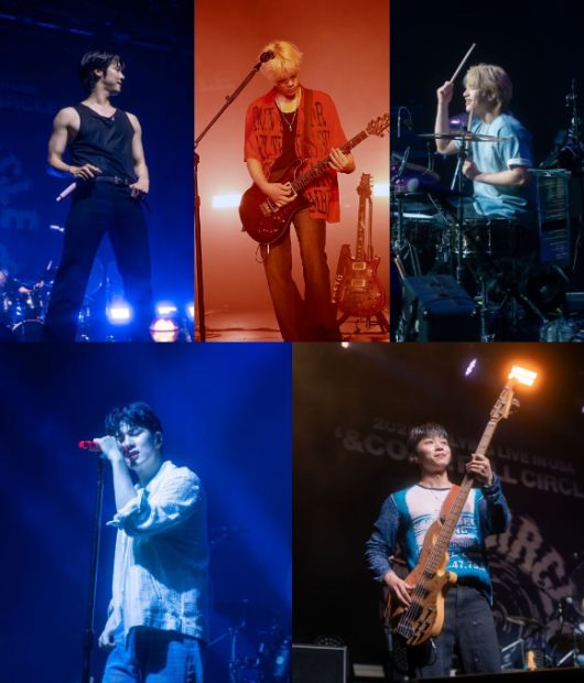 밴드 엔플라잉(이승협, 차훈, 김재현, 유회승, 서동성)이 월드투어 2025 N.Flying LIVE WORLD TOUR '&CON4 : FULL CIRCLE'(2025 엔플라잉 라이브 월드 투어 '엔콘4 : 풀 써클')에서 환상적인 무대를 보여주고 있다. [사진=FNC엔터테인먼트]