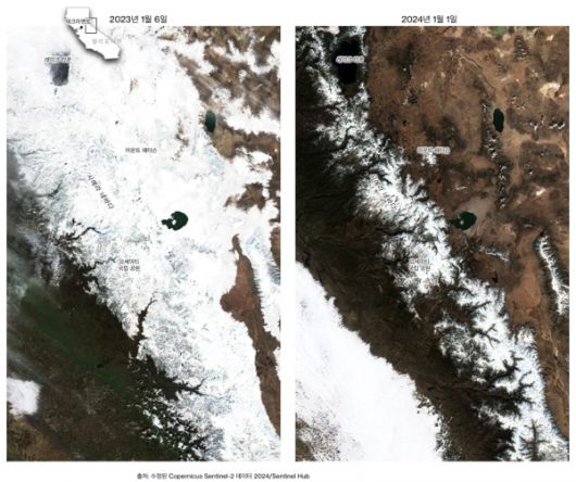 시에라 네바다의 2023년 위성사진과 2024년 사진 비교 /블럼버그 갈무리