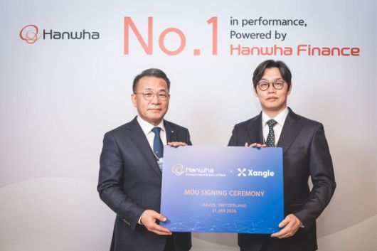 (사진 왼쪽부터) 장병호 한화투자증권 대표이사와 김준우 쟁글(Xangle) 공동대표가 MoU 체결 후 기념촬영을 하고 있다.