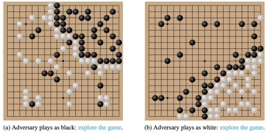 카타고가 흑돌을 잡은 대국(오른쪽 기보)에서도 구석에 집짓기 전략은 통했다.(사진= 논문 "Adversarial Policies Beat Professional-Level Go AIs")