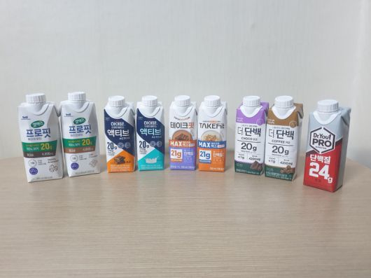 (왼쪽부터)매일유업·일동후디스·남양유업·빙그레·오리온의 단백질 RTD 음료. 사진ㅣ인더뉴스
