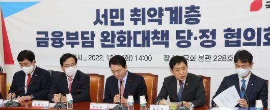 김주현 금융위원장이 지난해 12월6일 당시 국회에서 열린 서민 취약계층 금융부담 완화대책 당정협의회에서 발언하는 모습. 왼쪽부터 국민의힘 윤창현 의원, 송언석 원내수석부대표, 성일종 정책위의장, 김주현 금융위원장, 이복현 금융감독원장. 사진｜연합뉴스