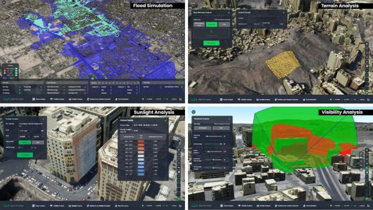사우디아라비아 현지에서 운영 중인 디지털 트윈 플랫폼 'KSA Digital Twin System' 사용 모습. (왼쪽 첫번째 사진부터 시계방향대로) 홍수 시뮬레이션, 지형분석, 도심가시성 분석, 일조량 분석. 사진ㅣ네이버