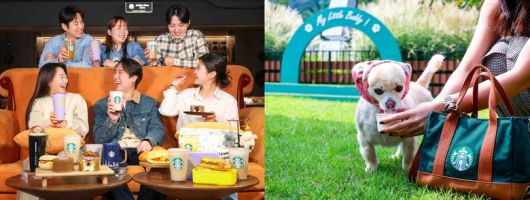 스타벅스 프렌즈 팝업 스토어에 있는 '센트럴 퍼크 카페 소파'(왼쪽)과 스타벅스 더북한강R점에서 '퍼푸치노'를 즐기는 반려견과 고객(오른쪽). 사진ㅣ스타벅스 코리아