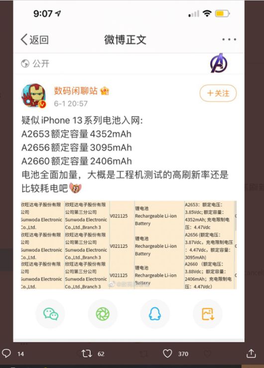 ▲유출된 아이폰13 시리즈 제품군 배터리 용량. 아이폰12 프로맥스모델은 상당한 배터리 용량 증가가 예상됐다. (사진=트위터)