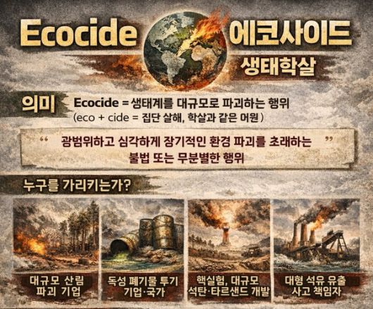 국제사회는 에코사이드를 제노사이드에 버금가는 국제범죄로 규정하고 있다.