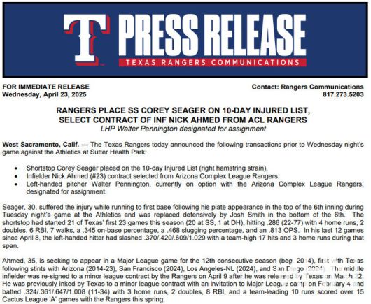 (24일(한국시간) 코리 시거의 부상 소식을 전한 텍사스 구단 보도자료)