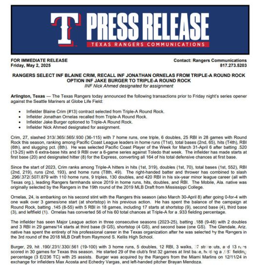 (한국시간으로 3일, 버거의 마이너리그 강등 소식을 전한 텍사스 구단 보도자료)