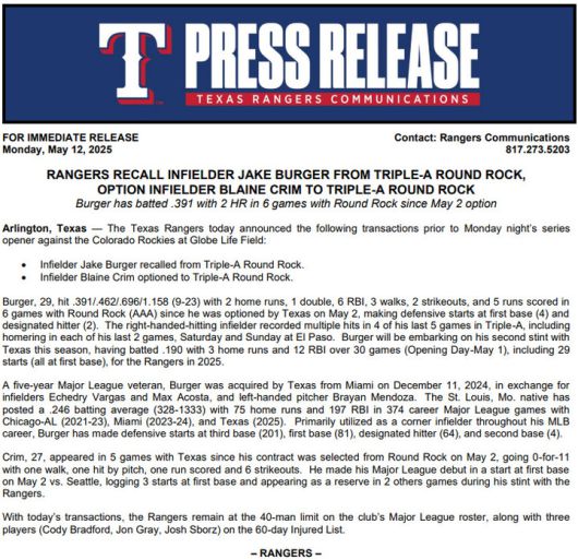 (버거의 메이저리그 복귀 소식을 전한 텍사스 구단의 보도자료)