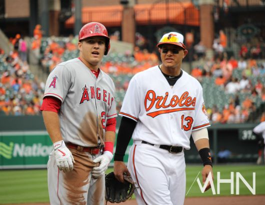 (지난 2016년 볼티모어 시절의 매니 마차도(오른쪽)와 마이크 트라웃)