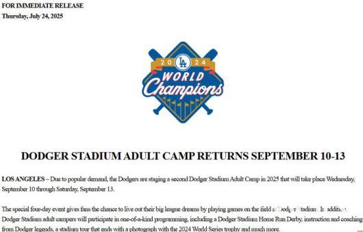 (성인야구캠프 소식을 알린 다저스 구단 보도자료)