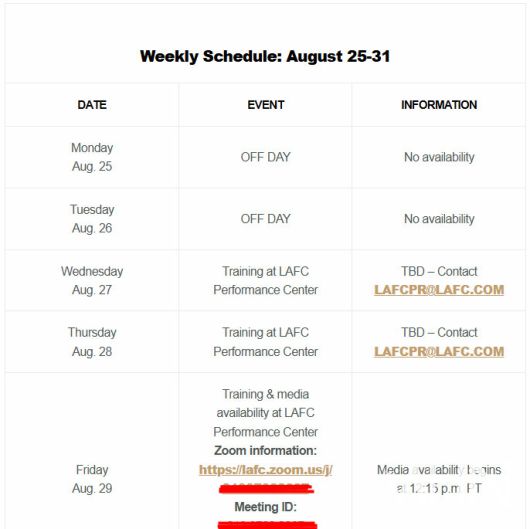 (LA FC가 MHN에 보내준 손흥민 트레이닝 일정)