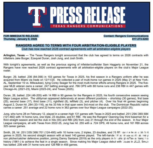 (텍사스 구단이 MHN에 보내온 보도자료)