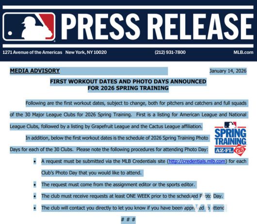 (메이저리그 사무국이 MHN에 보내온 2026 스프링캠프 일정관련 보도자료)
