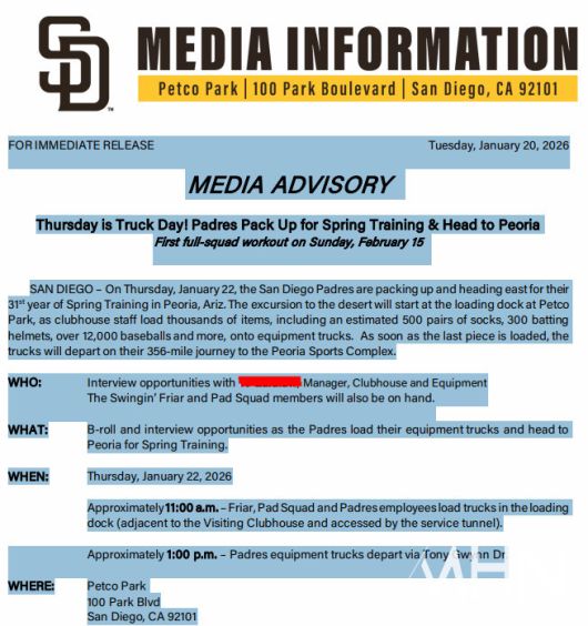 (샌디에이고 구단이 MHN에 보내온 '트럭데이' 관련 보도자료)