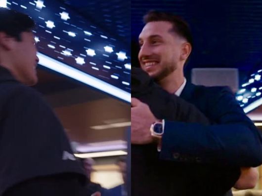 오타니 쇼헤이와 카일 터커가 서로의 얼굴을 확인하고 포옹을 나눈다.