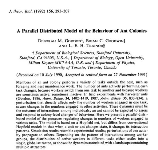 데보라 고든이 1991년 발표한 논문. 수학자 브라이언 굿윈이 공동저자로 이름을 올렸다. J. theor. Biol.