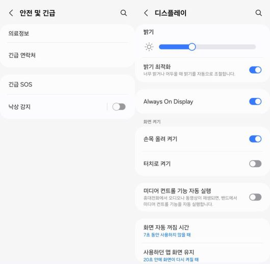 낙상 감지·긴급 SOS 기능(왼쪽)과 디스플레이 설정 부문. 사진=구자윤 기자