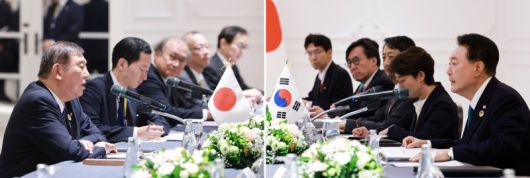 윤석열 대통령과 이시바 시게루 신임 일본 총리(왼쪽)가 10일(현지시간) 라오스 비엔티안의 한 호텔에서 한일 정상회담을 하고 있다. 사진=연합뉴스