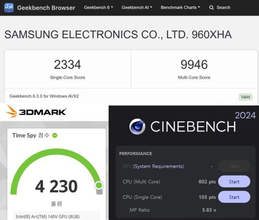 갤럭시 북5 프로 긱벤치6, 3D마크, 시네벤치 2024 벤치마크 결과. 사진=구자윤 기자
