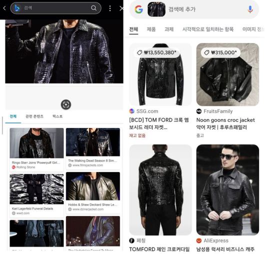 젠슨 황 엔비디아 CEO가 입은 유광가죽점퍼를 AI 셀렉트(왼쪽)와 서클 투 서치로 검색한 결과값. 사진=구자윤 기자