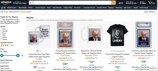 전자 상거래 업체인 아마존에서 판매 중인 트럼프 대통령의 머그샷이 담긴 상품 /사진=아마존 홈페이지 캡처
