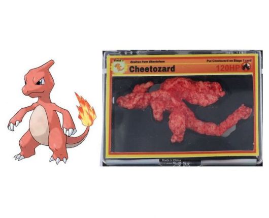 포켓몬 리자드(왼쪽)과 경매에 나온 리자드를 닮은 붉은 치토스 모습.