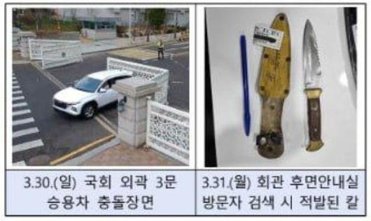 국회사무총장 명의로 의원실에 배포된 안내문에 최근 국회 외곽문 차량 충돌, 위험 물품의 의원회관 반입시도 등을 알리는 사진. /사진=노종면 의원 페이스북