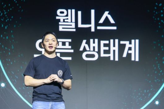 최성환 SK네트웍스 사장이 23일 워커힐호텔앤리조트에서 열린 로보틱스 브랜드 '나무엑스' 쇼케이스 행사에서 연설하고 있다. SK네트웍스 제공