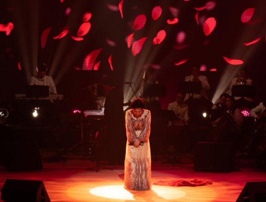 '엘레지의 여왕' 국민가수 이미자가 26일 서울 세종문화회관 대극장에서 '전통가요 헌정 공연 <맥(脈)을 이음>'을 열고 인사하고 있다. 쇼당이엔티 제공