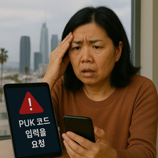 SK텔레콤의 해킹 사고로 유심 정보가 탈취된 뒤 해외에 거주하는 한국인 가입자가 갑자기 PUK코드 요청으로 당황한 모습을 챗GPT로 생성한 이미지. /사진=챗GPT
