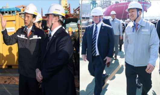 4월 30일 김동관 한화그룹 부회장(첫번째 사진 왼쪽), 정기선 HD현대 수석부회장(두번째 사진 오른쪽)이 존 필린 미국 해군성 장관에게 안내하고 있다. 한화오션, HD현대중공업 제공