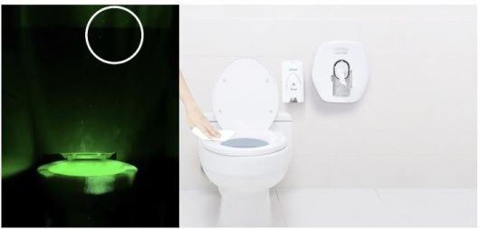 변기 물내림 시 비말 확산 실험 장면(좌), 위생관리 솔루션_크리넥스 센터풀 화장지, 변기 클리너. 유한킴벌리 제공