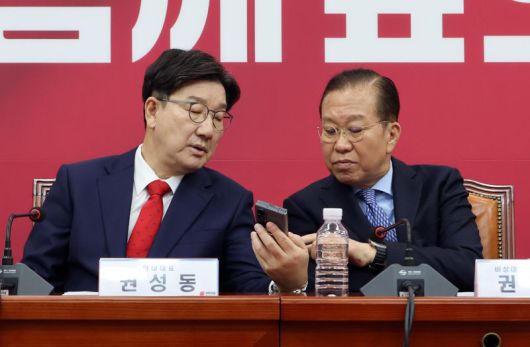 국민의힘 권영세 비상대책위원장과 권성동 원내대표가 8일 국회에서 열린 비상대책위원회의에서 휴대전화를 보며 대화하고 있다. 사진=박범준 기자