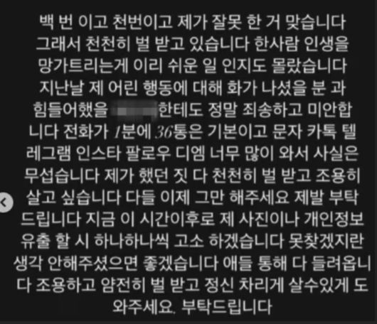 '인천 송도 11년생 학폭 영상'속 가해 학생이 쓴 것으로 추정되는 사과문. /사진=인스타그램, 조선일보