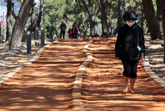 지난달 7일 부산 해운대구 해운대해수욕장 송림공원에 조성된 '해운대 바다 황톳길'을 찾은 시민들이 맨발걷기를 즐기고 있다. 사진=뉴시스