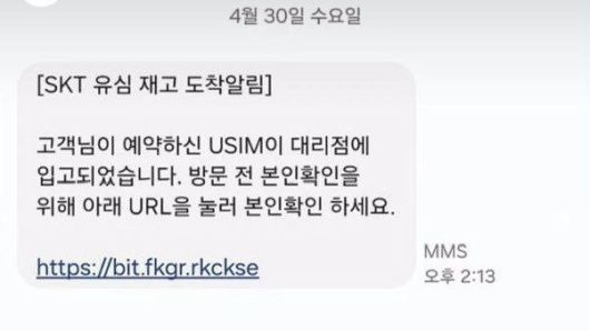 ‘SKT 유심 재고 도착알림'을 가장한 스미싱 문자. /사진=X