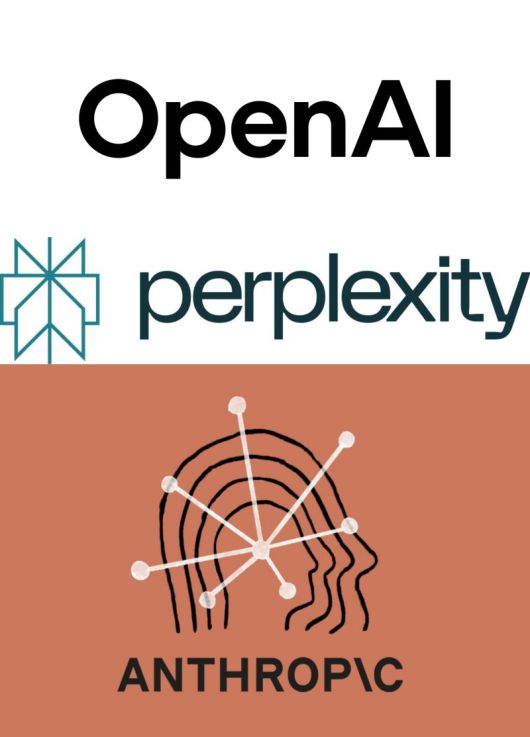 인공지능(AI) 스타트업 퍼플렉시티 기업가치 평가액이 12일(현지시간) 반년 사이 7조원 껑충 뛴 19조8000억으로 불어났다. 사진은 위쪽부터 오픈AI, 퍼플렉시티, 앤트로픽 로고. 뉴시스