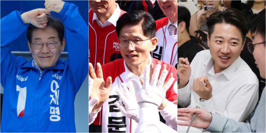 더불어민주당 이재명 대선 후보(사진 왼쪽부터), 국민의힘 김문수 대선 후보, 주시 진주광미사거리에서, 개혁신당 이준석 대선 후보. 연합뉴스