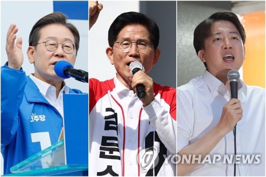 이재명 더불어민주당 대통령 후보(왼쪽부터), 김문수 국민의힘 대통령 후보, 이준석 개혁신당 대통령 후보. 연합뉴스