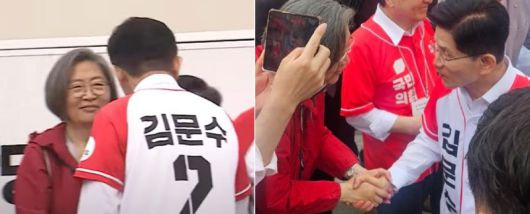국민의힘 김문수(오른쪽) 대선 후보가 이수정 경기 수원정 당협위원장과 악수하고 있다. SNS