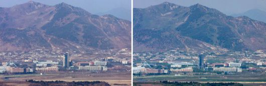 지난 2일 경기도 파주시 접경지역에서 바라본 개성공단 일대에서 남북공동연락사무소 폭파 시 충격으로 파손된 개성공단지원센터(오른쪽 사진)가 예전 모습과 달리 뼈대를 드러낸 채 방치되어 있다. 왼쪽 사진은 지난 2월 촬영한 개성공단지원센터이며 폭파 충격으로 왼쪽 부분만 파손되어 있던 모습. 연합뉴스